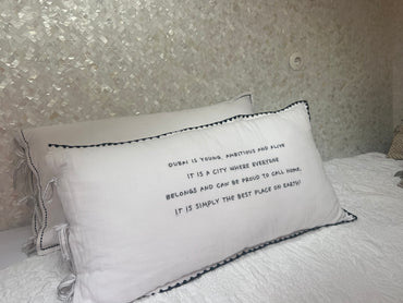 White linnen pillow (+ inner) with black embroidered letters 90 x 50 cm no.12