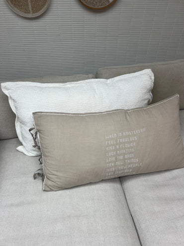 Natural linnen pillow (+ inner) with off white embroidered letters 90 x 50 cn no.10