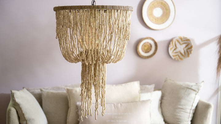 Natural Wooden Beaded Hanging Lamp - Boho Lighting | Mandala Stencils